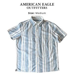 American Eagle Men’s Medium Blue Striped Button-Up Shirt 100% Cotton Beach